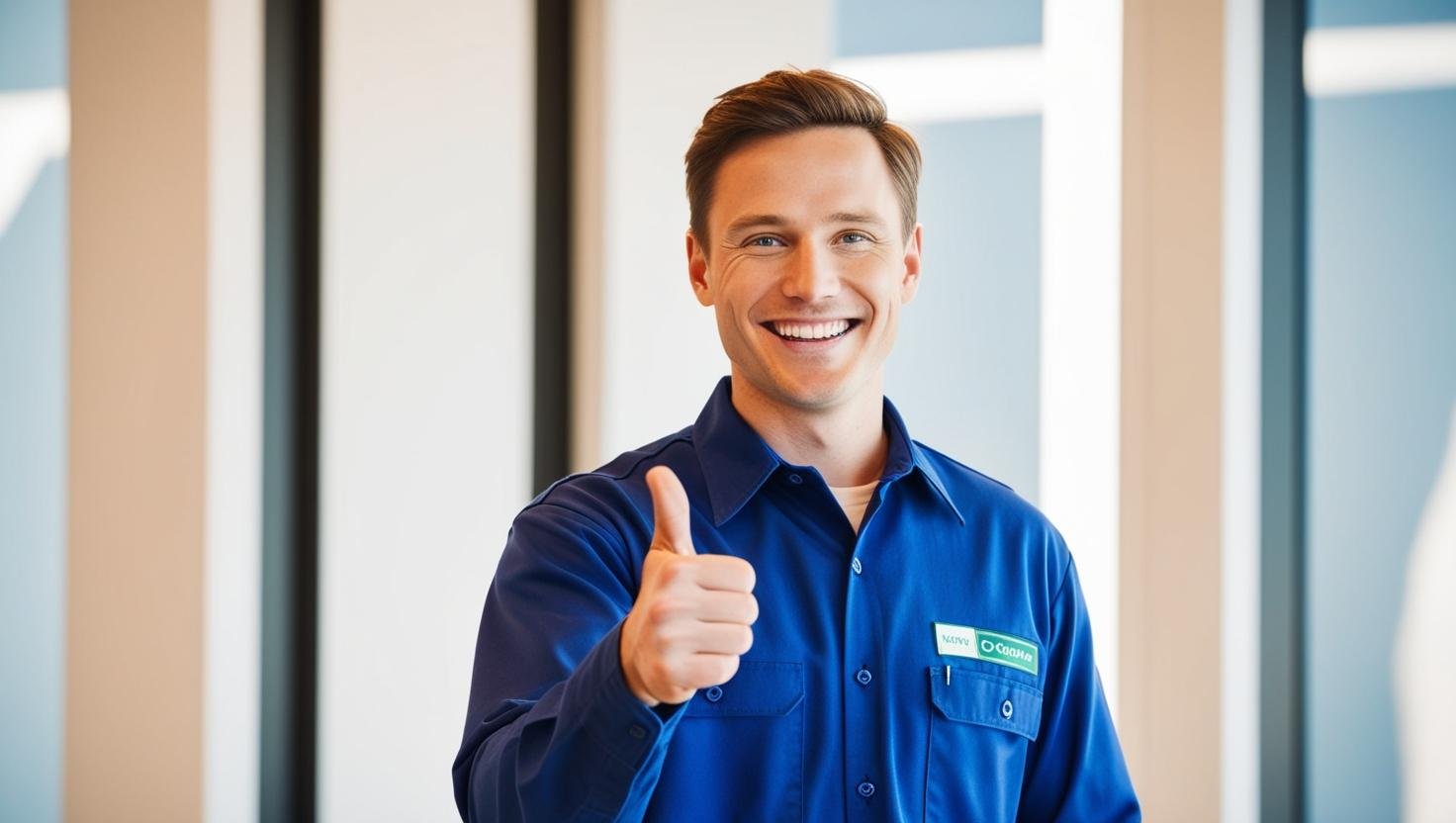 imagen vertical de un trabajador feliz caucasico con uniforme con el pulgar hacia arriba 1
